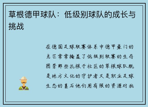 草根德甲球队：低级别球队的成长与挑战